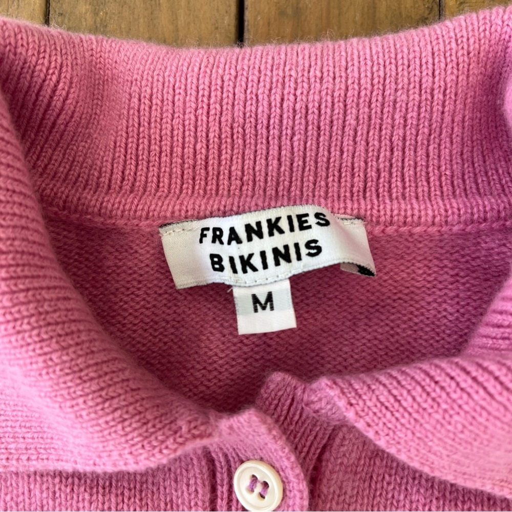 FRANKIES BIKINIS Mary Jane 100% Cashmere Polo Open Tie Back Sweater Medium Rose - Picture 6 of 10
